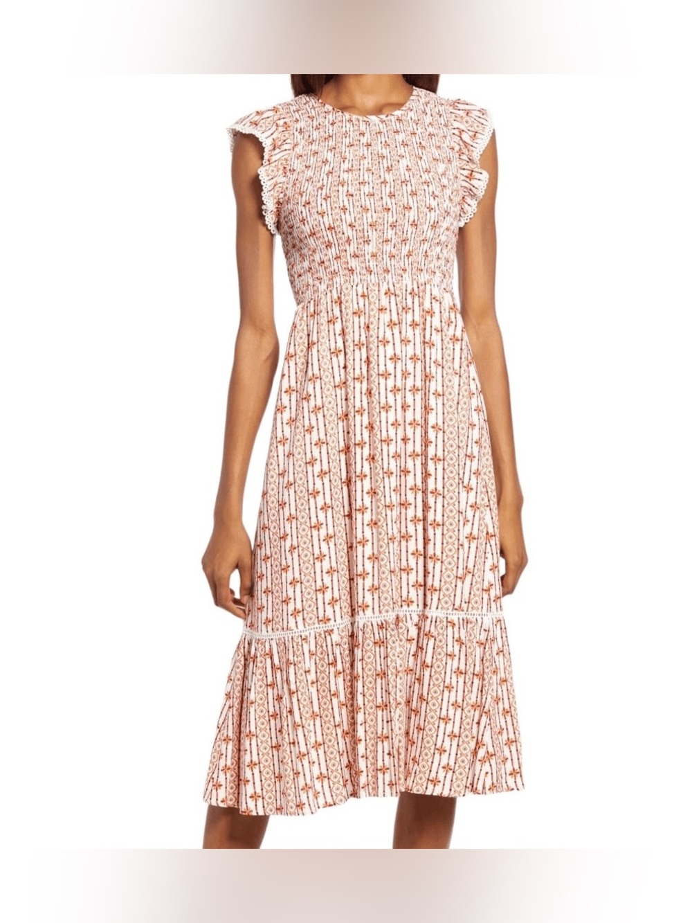 LOST + WANDER Pick Me Floral Dress Cream and Rust Printed Smocked Sz MEDIUM